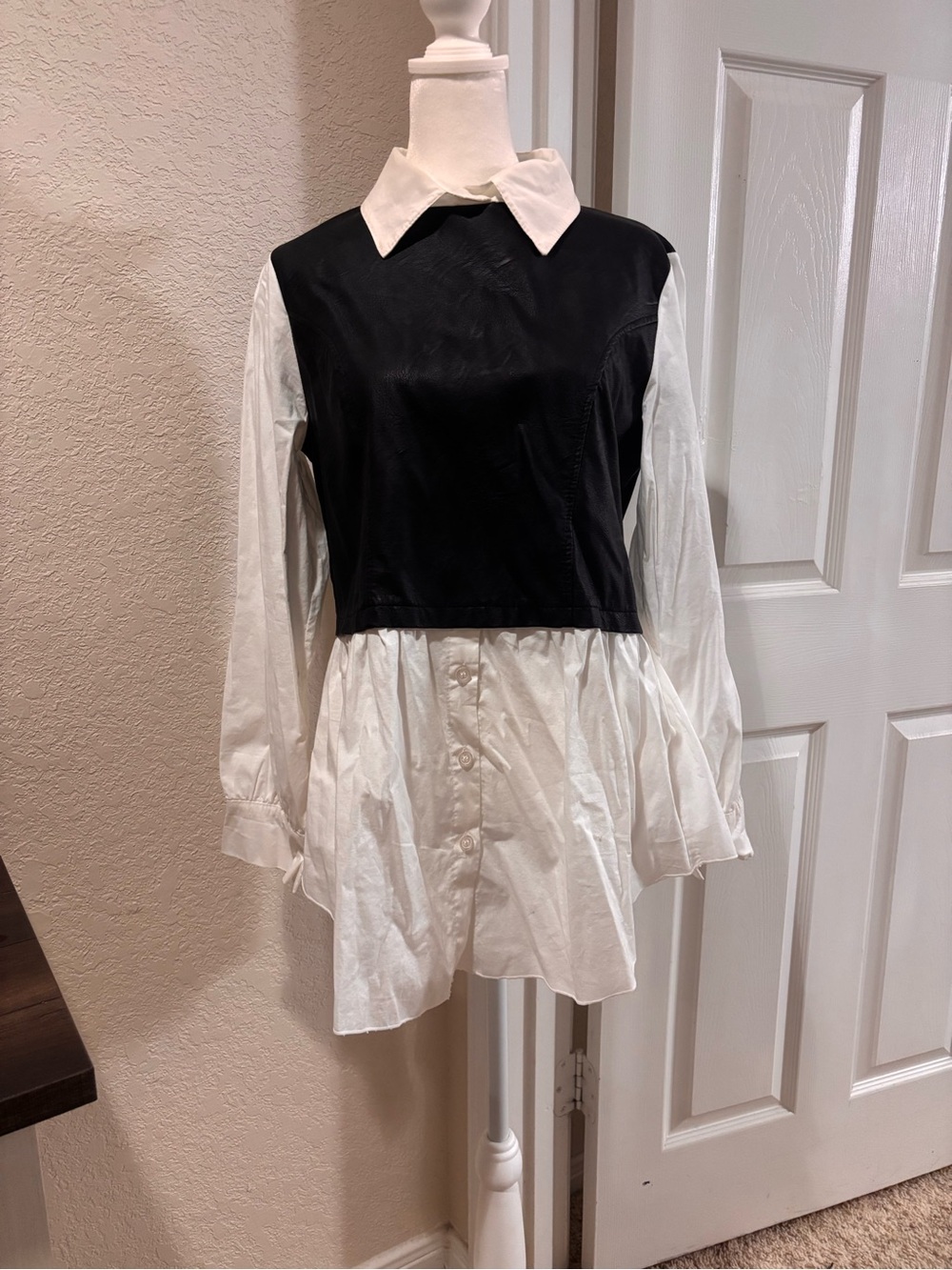 Women's Black faux leather Overlay & White Button-Down Shirt